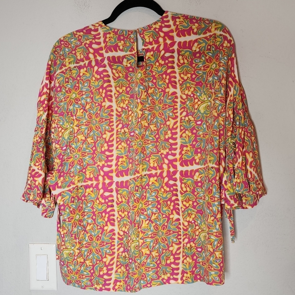 Marimekko‎ Jade Simbad Pink Retro Blouse  Drawstring Sleeves Size 36 Small